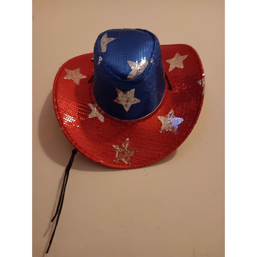 4th Of July Patriotic Lightup Cowboy Hat, Bling Sequin, Lights, Stars USA NWT